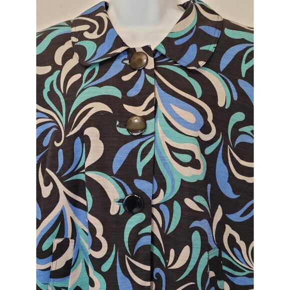 Silk Land Womens Jacket XL Silk Floral Pattern Big Button Lined Blue Black Class - Picture 9 of 9